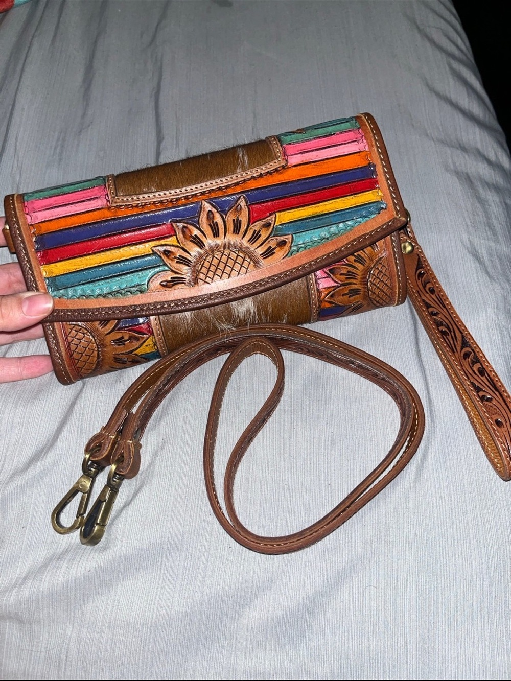 American Darling Multicolor Striped Leather Clutch with Brown Trim